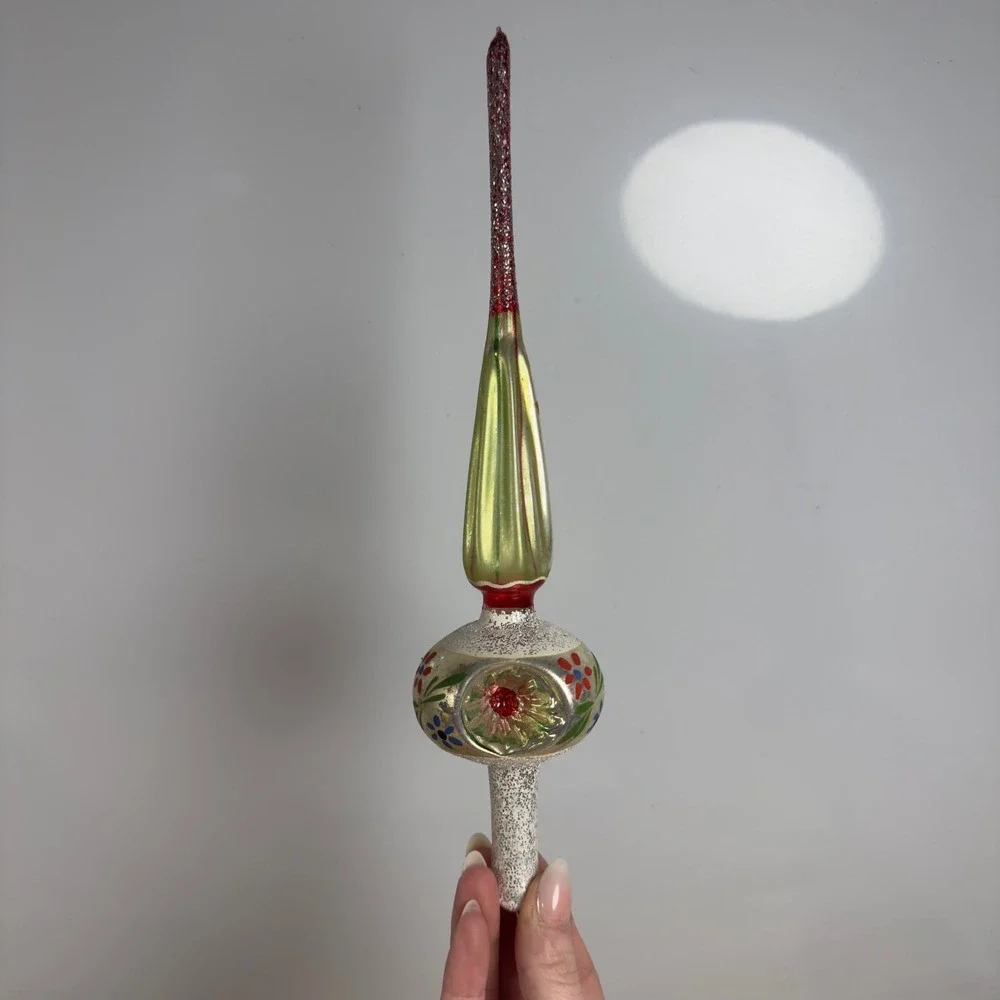 Vintage Polish Mercury Glass Christmas Tree Topper Hand Painted Floral 11 Inch